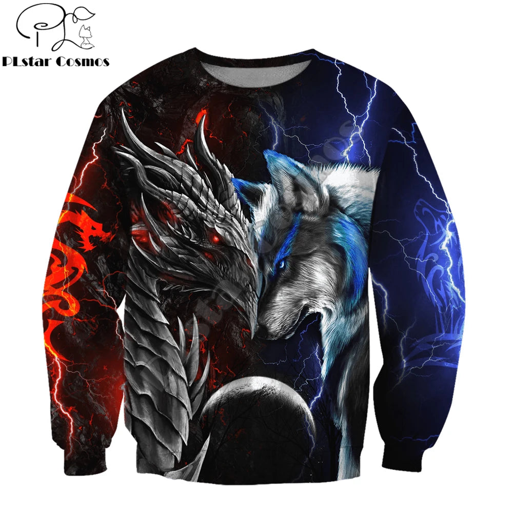 Red & blue dragon & wolf 3D Printed Fashion Mens Autumn Hoodies Sweatshirt Unisex Streetwear Casual Zip Jacket Pullover KJ494