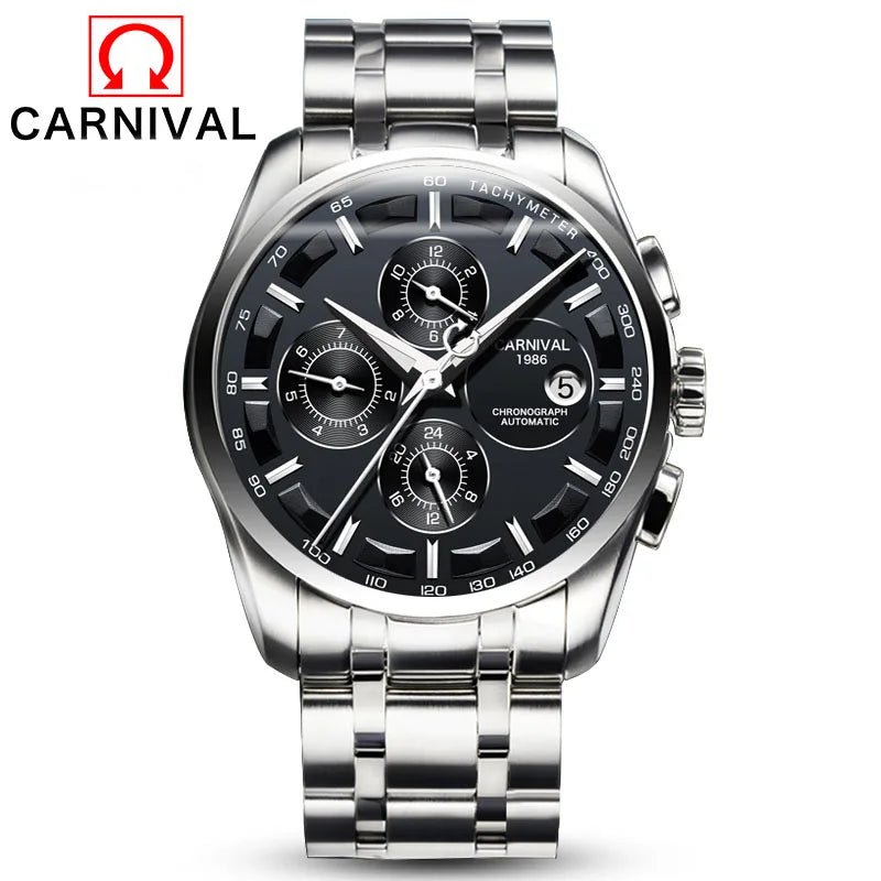 Carnival Brand Luxury Stainless Steel Multifunction Mechanical Watch for Men Waterproof Luminous Hands Calendar Fashion Watches