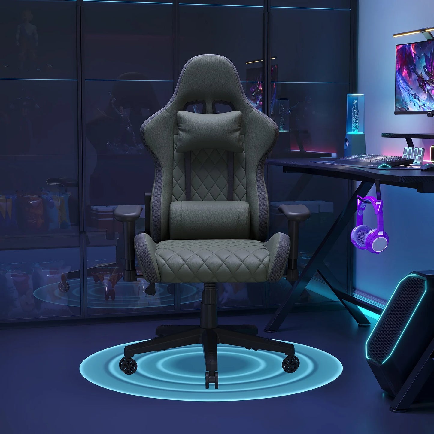 Ergonomic Gaming Chair with Massage Function, RGB LED, 90-135 Degree Recline, Up to 130kg, Office Chair, Premium Leather, Black