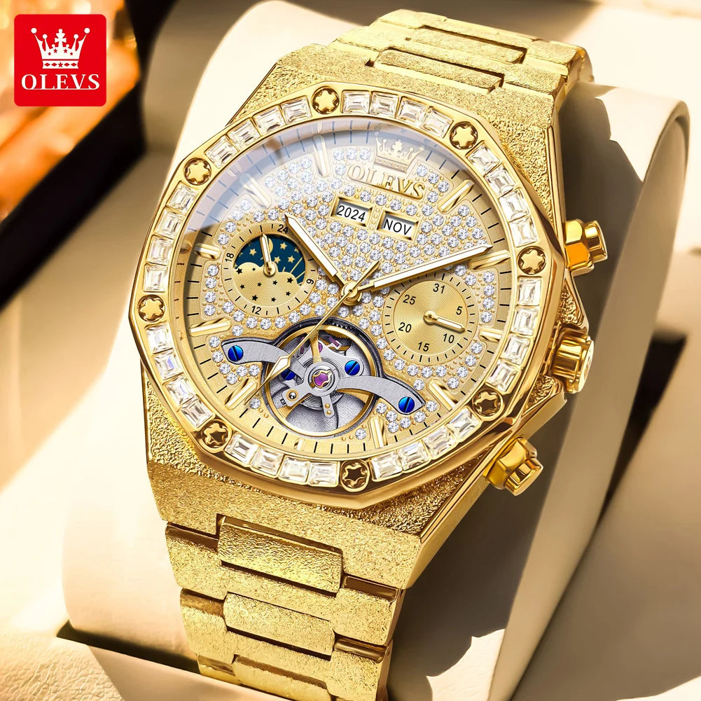 OLEVS 9805 Skeleton Automatic Man Watch Luxury Fashion Matte Texture Full Diamond Moon Phase Waterproof Mechanical Wristwatches