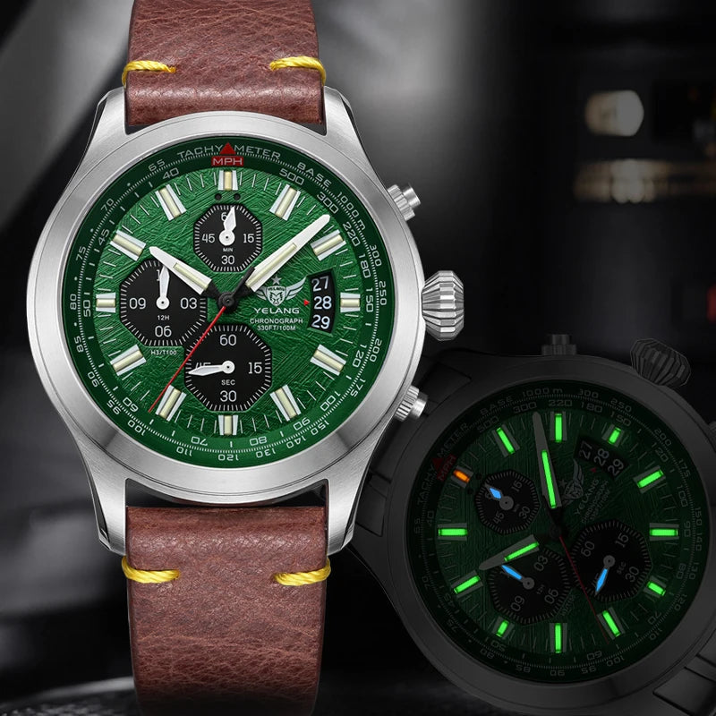Zegarek kwarcowy męski YELANG V1029S 42mm, mechanizm Japan OS10, luminescencja T100, wodoodporność 100M, sportowy styl militarny, szafir