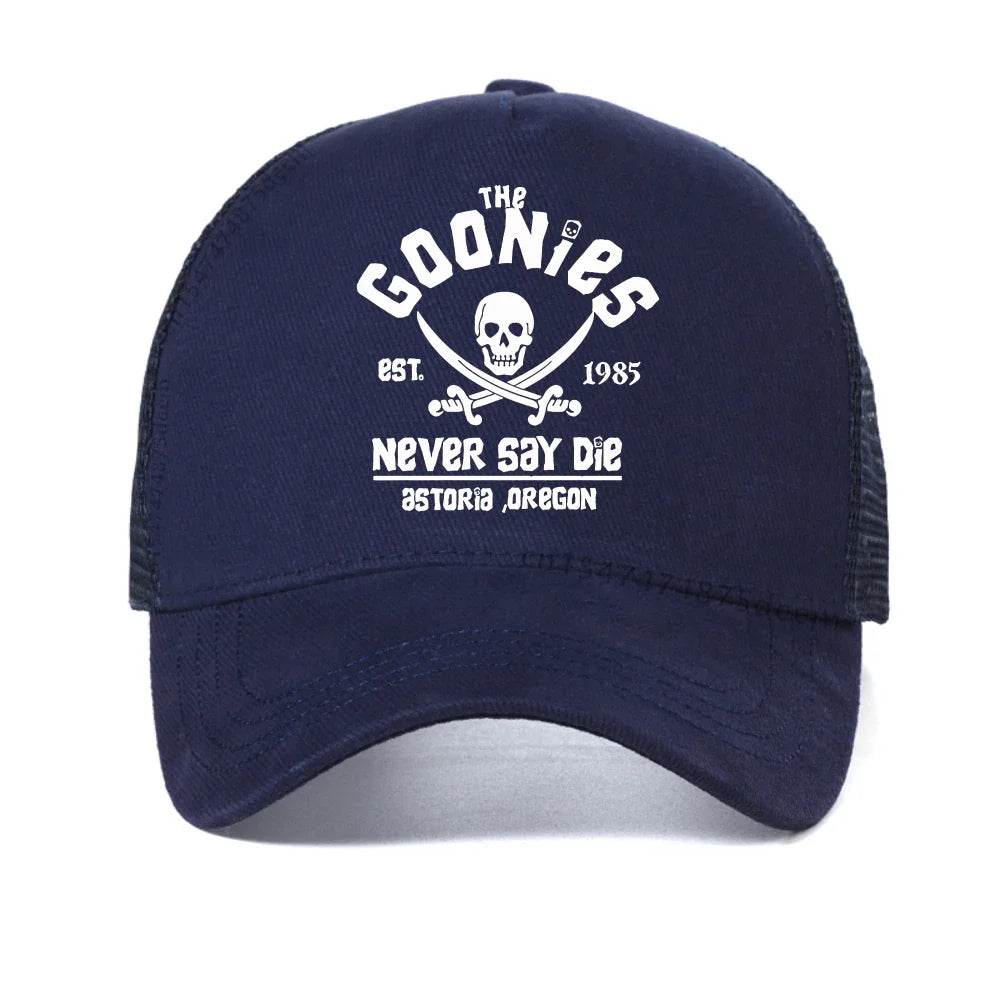 The Goonies Est 1985 Never Say Die miesten baseball-lippis, kesäinen verkkokankainen snapback-lippalakki, muodikas hengittävä vapaa-ajan aurinkohattu ulkokäyttöön
