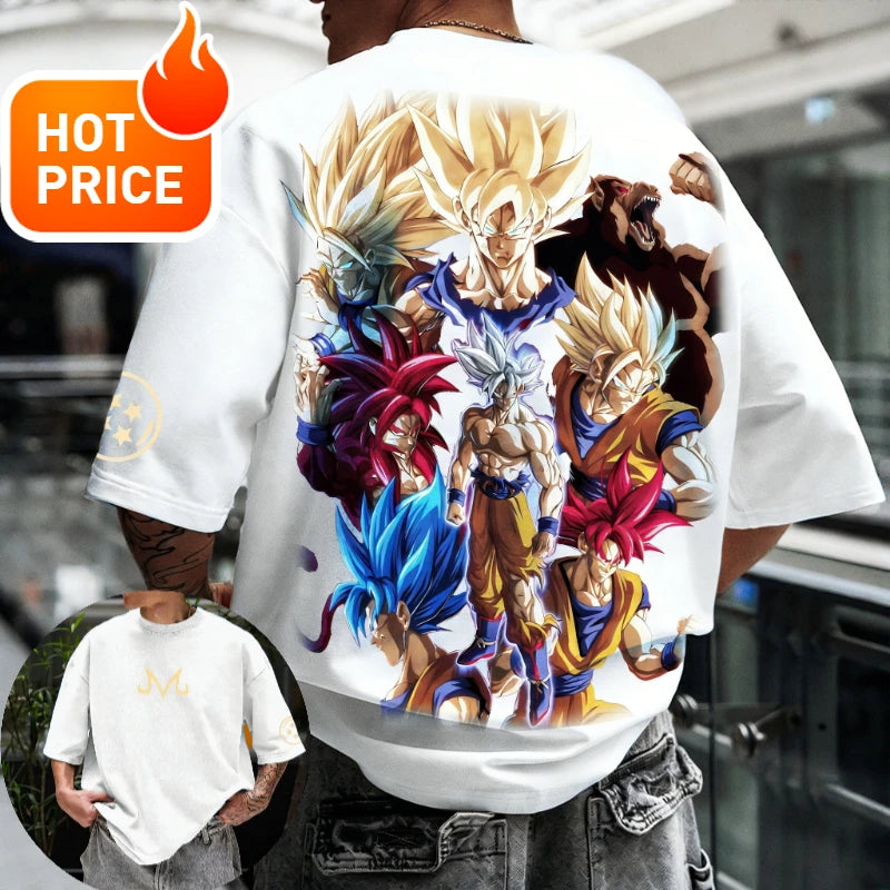2026 Summer Dragon Ball T-shirt 100% Cotton Goku All Forms Print Oversized Gym Streetwear Unisex Retro Tee for Adults Kids