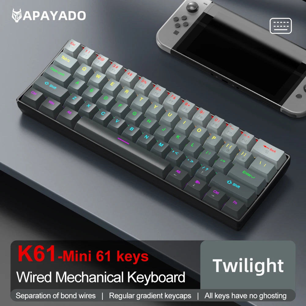 Teclado mecánico mini APAYADO K61, con cable, 61 teclas, Phantom RGB, negro/blanco, interruptor mecánico rojo/azul para gaming, portátil 60%