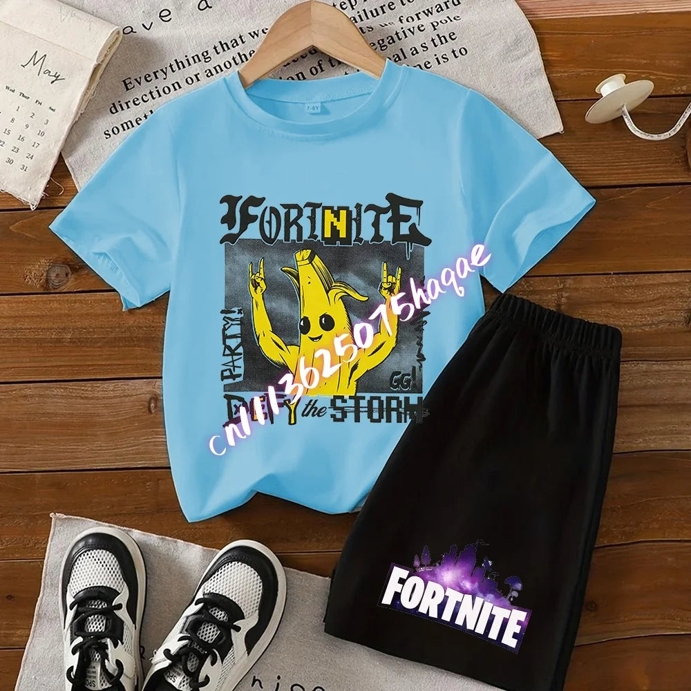 Fortnites Series T-shirt Shorts Suit for Children Hot Game Top and Pants Set Summer Cute Home Loungewear Outfit Birthday Gift