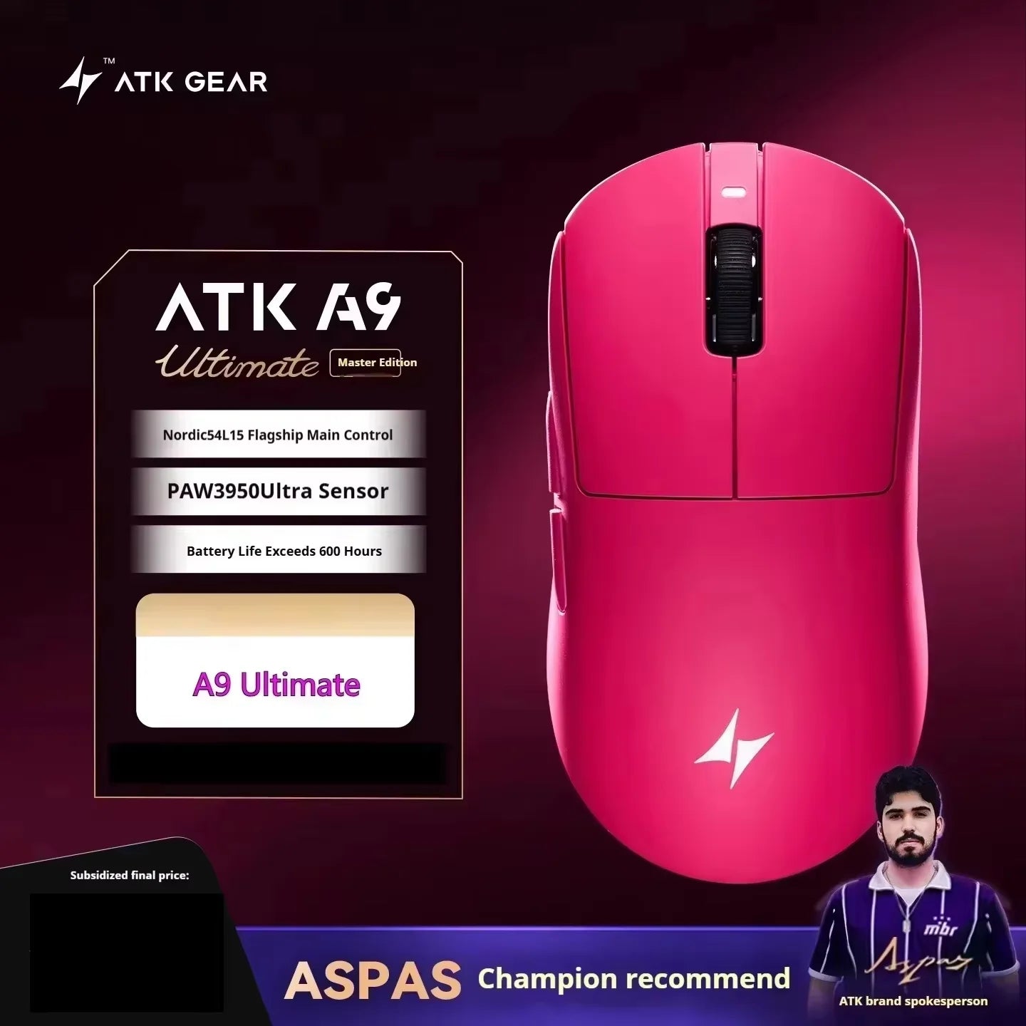 ATK A9 belaidė žaidimų pelė su NearLink technologija, ergonomiška PAW3395, trijų režimų Bluetooth, mažos delsos e. sporto pelė PC