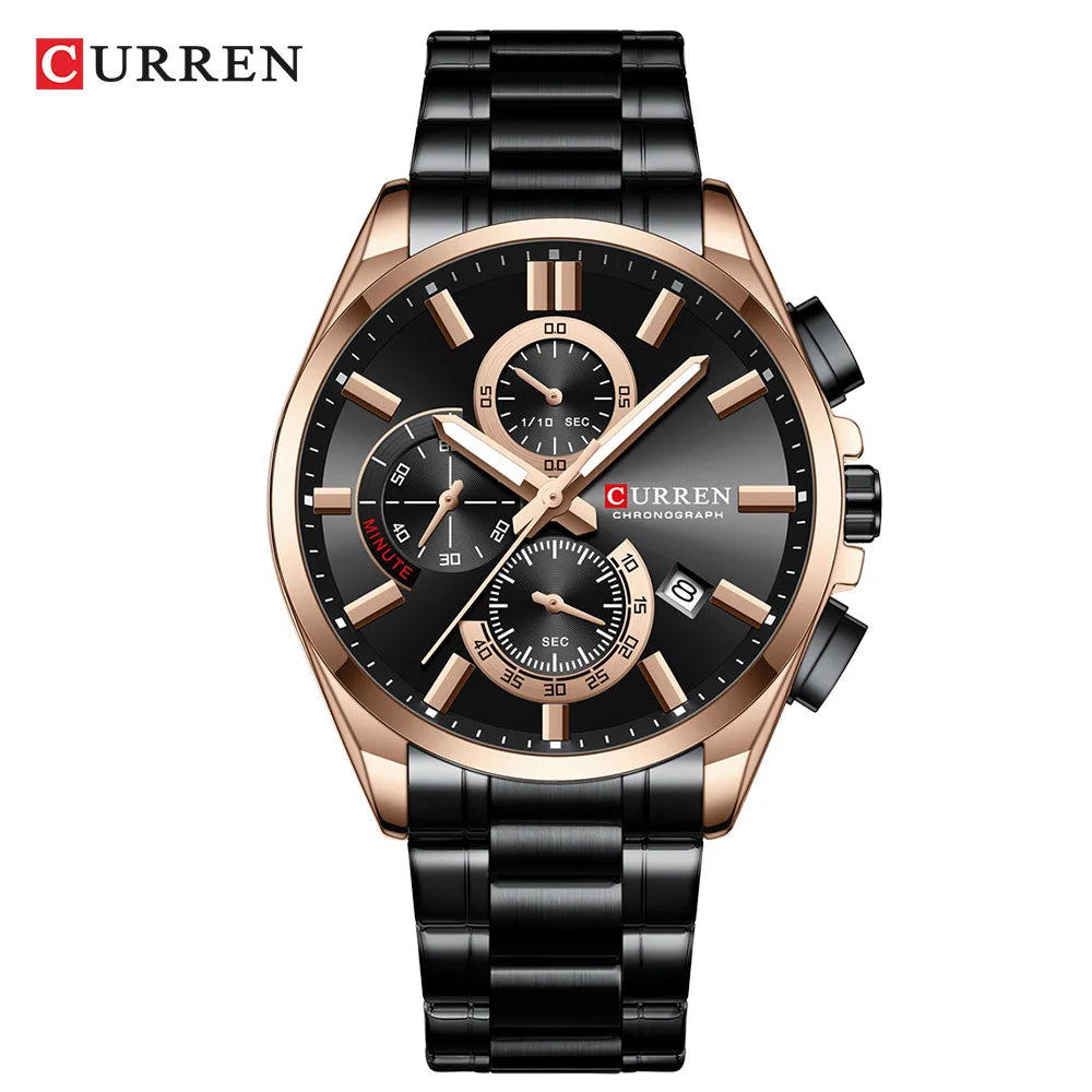 CURREN Men's Stainless Steel Chronograph Watches with Luminous Hands,Triple Sub-Dials Auto Date Fashion Design Quartz Wristwatch
