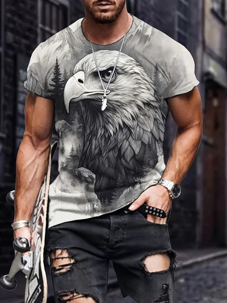 Men's Patriotic 3D Eagle Print T-Shirt Casual Crew Neck Short Sleeved Pullover for Summer Fashion Outdoor Activities Men Clothes