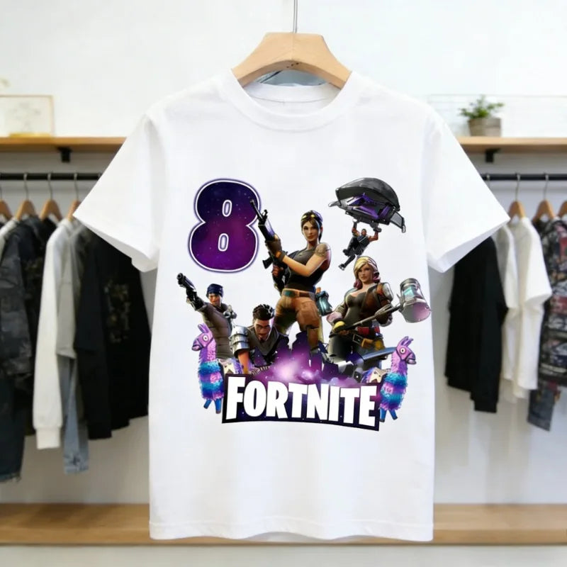 Dziecięca koszulka urodzinowa Fortnites z numerem dla dziewczynek i chłopców, letnia bawełniana koszulka dla niemowląt, imprezowy top z krótkim rękawem, prezent dla malucha