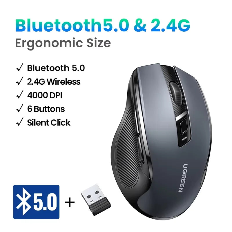 Mouse wireless UGREEN Bluetooth 5.0 ergonomico 4000DPI con 6 pulsanti silenziosi per MacBook, tablet, laptop, computer e PC, mouse 2.4G