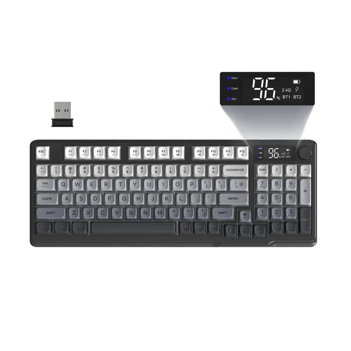 FREEWOLF M96 Wireless Keyboard Knob Control BT/2.4g/Wired, RGB LED Backlight Display, PBT Keycap, 3000mA Battery for PC/Laptop