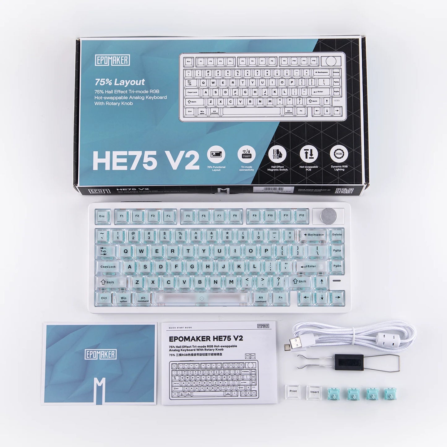 Teclado gaming EPOMAKER HE75 V2 75% ANSI US Layout inalámbrico trimodo con efecto Hall, activación ajustable de 0.005mm y activación rápida