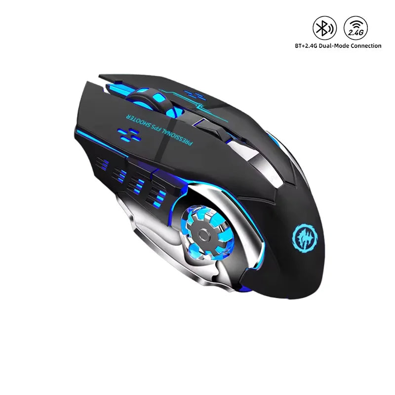 Įkraunama belaidė žaidimų pelė su tyliu foniniu apšvietimu, E-Sports Bluetooth ir 2.4G USB, skirta nešiojamajam kompiuteriui, Macbook, PC žaidimams ir biurui