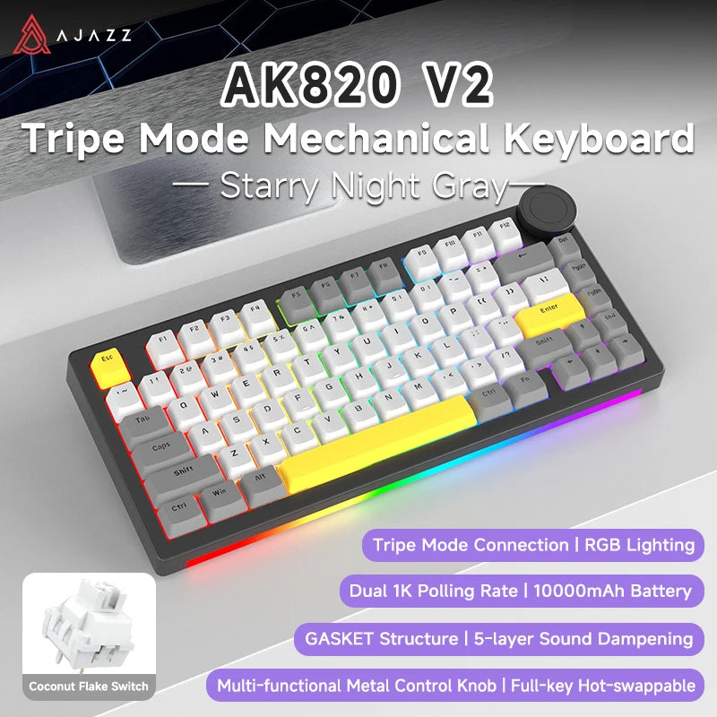 AJAZZ AK820 V2 / AK820 V2 Pro Gaming Mechanical Keyboard 75% ABS 82 Keys 10000mAh Wireless Tri-mode Gamer Keyboard for Laptop PC