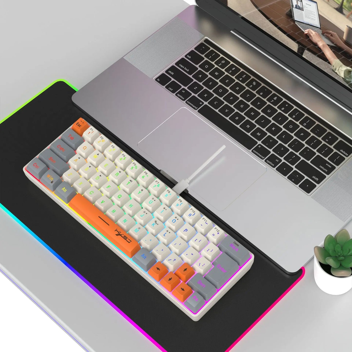 Keyboard RGB USB wired 63 keys gaming gamer compact mini pc keyboards for trips,office,games business key board (Grey&Orange)