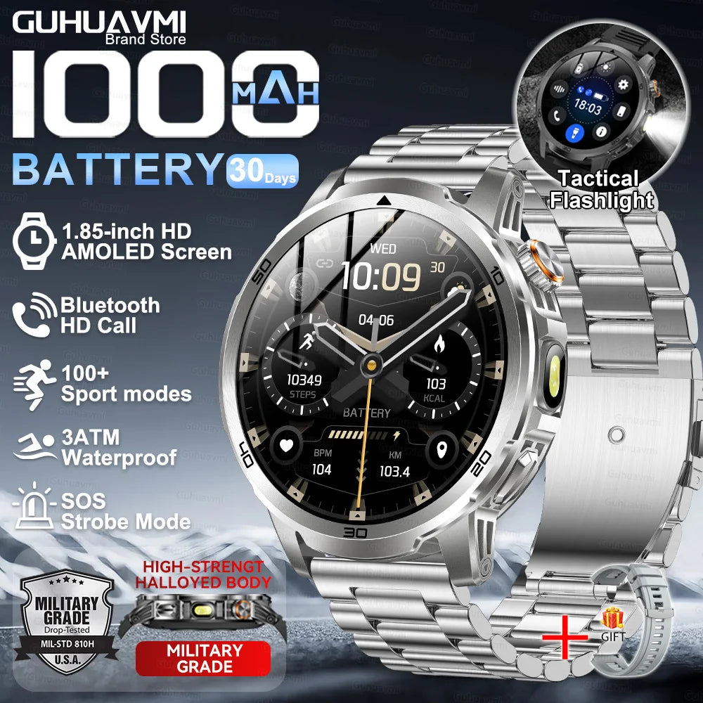 2026 New Military Outdoor Smart Watch 1.85‘’ AMOLED 1000mAh Large Battery 5ATM Waterproof Voice Call Sports Men Fitness Bracel