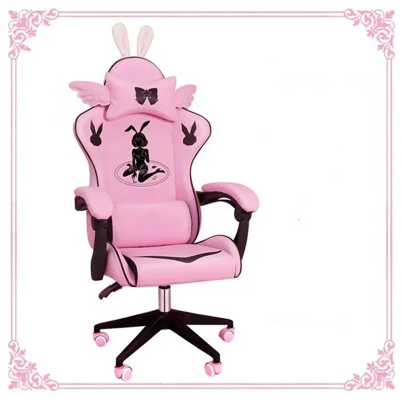 Pink Gaming Chair for Girls with Footrest, Comfortable Cartoon Gamer Chair, Adjustable Swivel Computer Chair for Bedroom, Office & Study