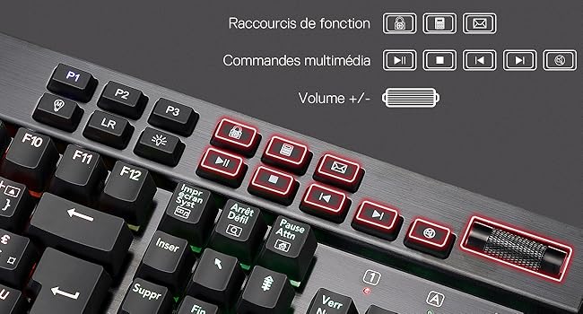 Redragon K550 RGB AZERTY Gaming Keyboard, 104 Keys + 12 Macro Keys, Wired Mechanical Keyboard, Aluminum Top Plate, Clicky Purple Switches, 2 USB Ports, Wrist Rest, Black