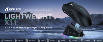 ATTACK SHARK X11 bežični gaming miš s punjačem, gaming senzorom PixArt PAW3311, BT/2.4G bežično/žično