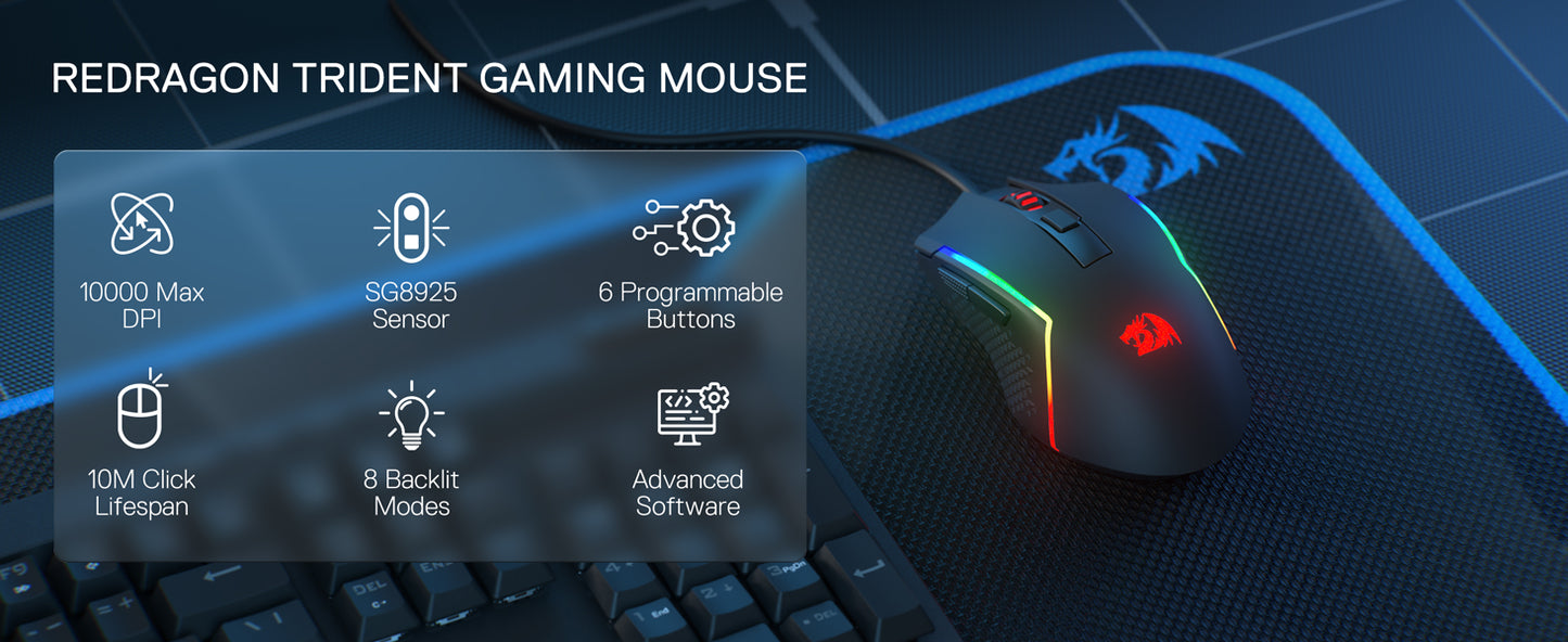 Herní kabelová optická myš Redragon M616 RGB, 10000 DPI, 6 programovatelných tlačítek, 8 režimů podsvícení, software podporuje vlastní přiřazení kláves