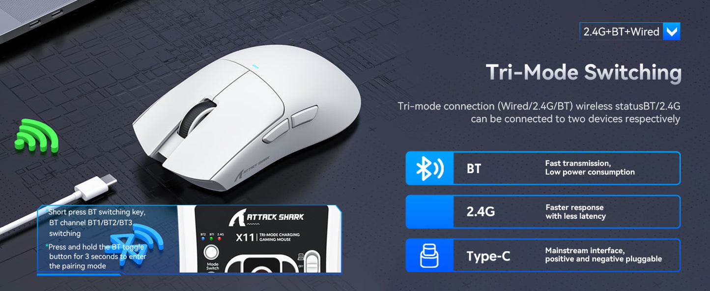 ATTACK SHARK X11 bežični gaming miš s punjačem, gaming senzorom PixArt PAW3311, BT/2.4G bežično/žično