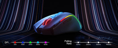Herní myš Redragon M612 PRO BT & 2.4RGB, optická hráčská myš 8000 DPI kabelová/bezdrátová, 11 programovatelných tlačítek a 6 režimů podsvícení