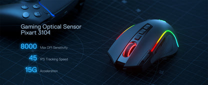 Herní myš Redragon M612 PRO BT & 2.4RGB, optická hráčská myš 8000 DPI kabelová/bezdrátová, 11 programovatelných tlačítek a 6 režimů podsvícení