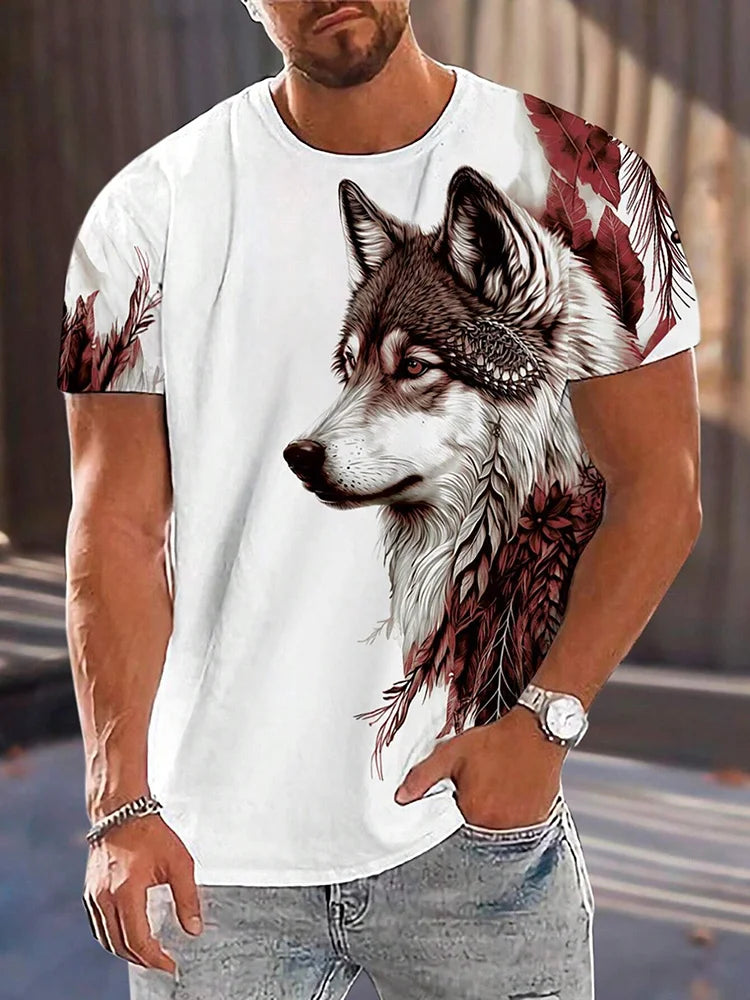 Men's 3D Wolf Print T-Shirt Casual Round Neck Short Sleeve Shirt Breathable and Comfortable Fabric Men's Street Outdoor Clothing