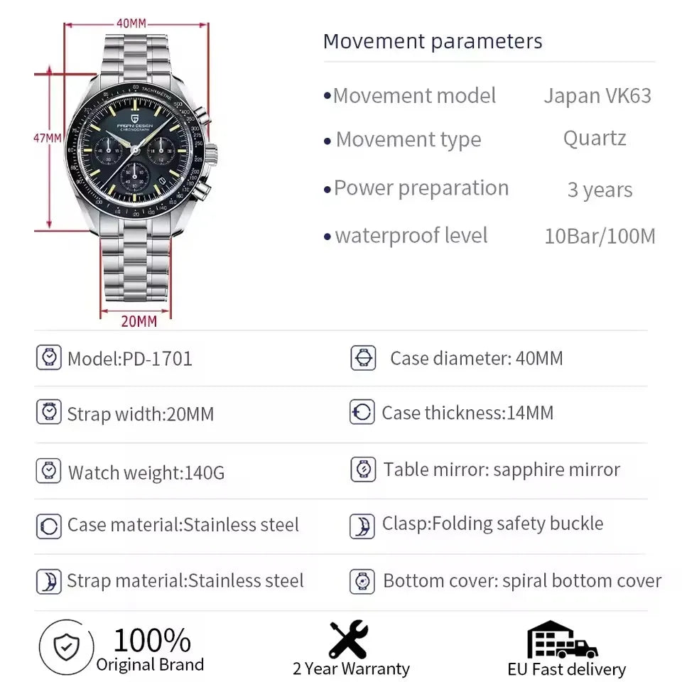 PAGANI DESIGN New AR Sapphire Quartz luxury men's watches 500 vitometer Circle Sport M 100 waterproof chronograph 316L all-steel Japan Movt Luminous man Watch