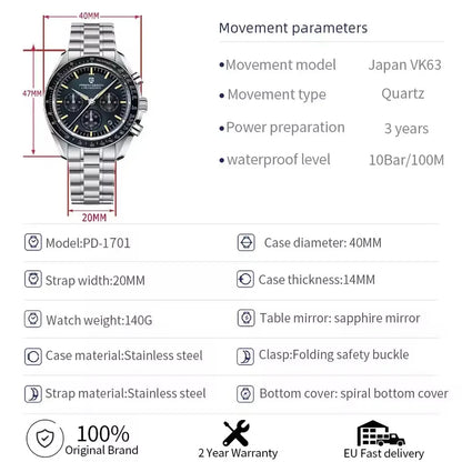 PAGANI DESIGN New AR Sapphire Quartz luxury men's watches 500 vitometer Circle Sport M 100 waterproof chronograph 316L all-steel Japan Movt Luminous man Watch