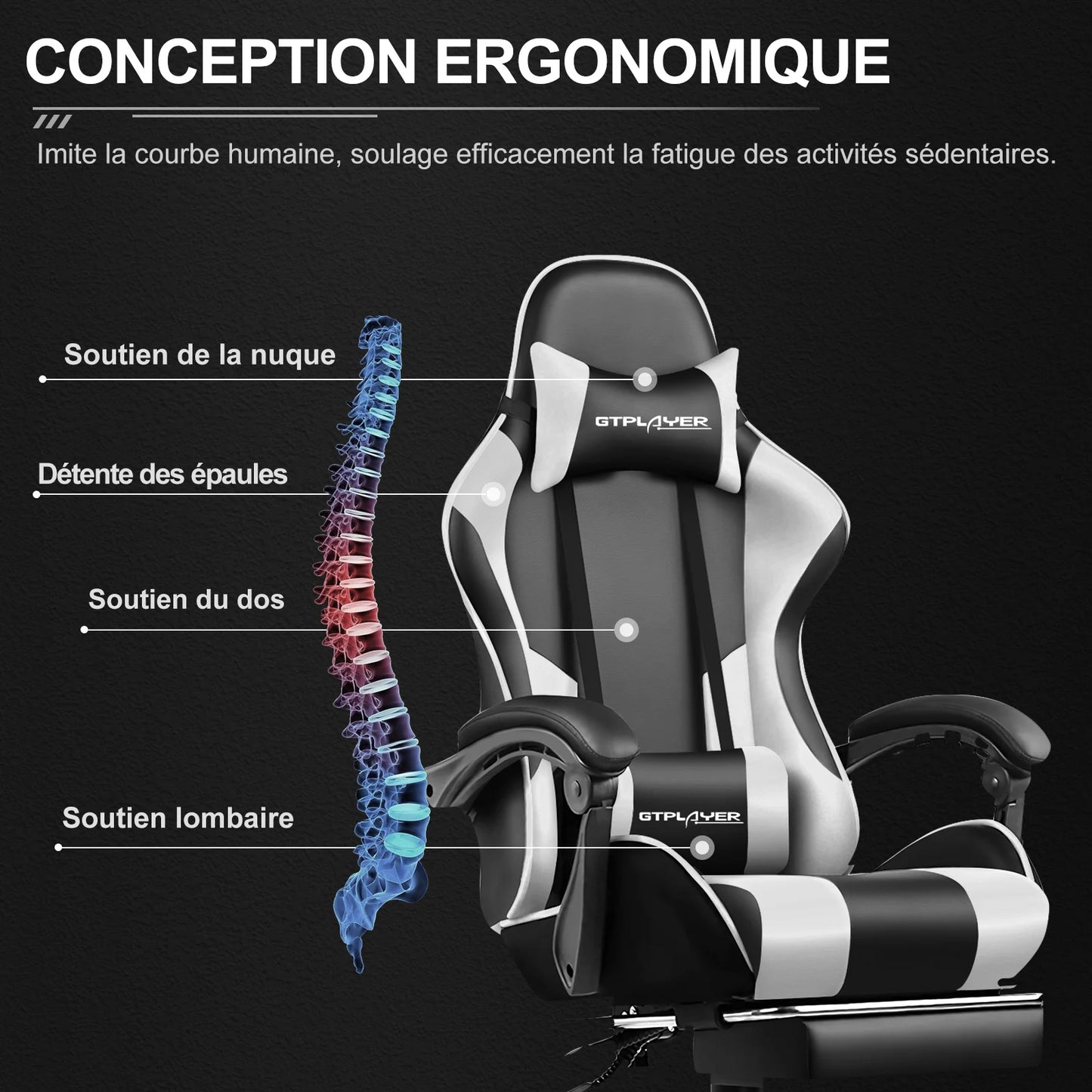 GTPLAYER Gaming Chair with Massage Lumbar Pillow, Ergonomic Gaming Chair with Footrest, Reclining Office Chair, 150kg Heavy Duty Swivel Chair