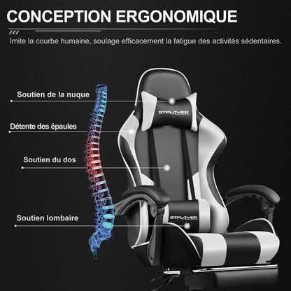GTPLAYER Gaming Chair Ergonomic Massage Office Chair with Footrest, Headrest, Lumbar Support, Reclining Swivel Gamer Chair for Desk