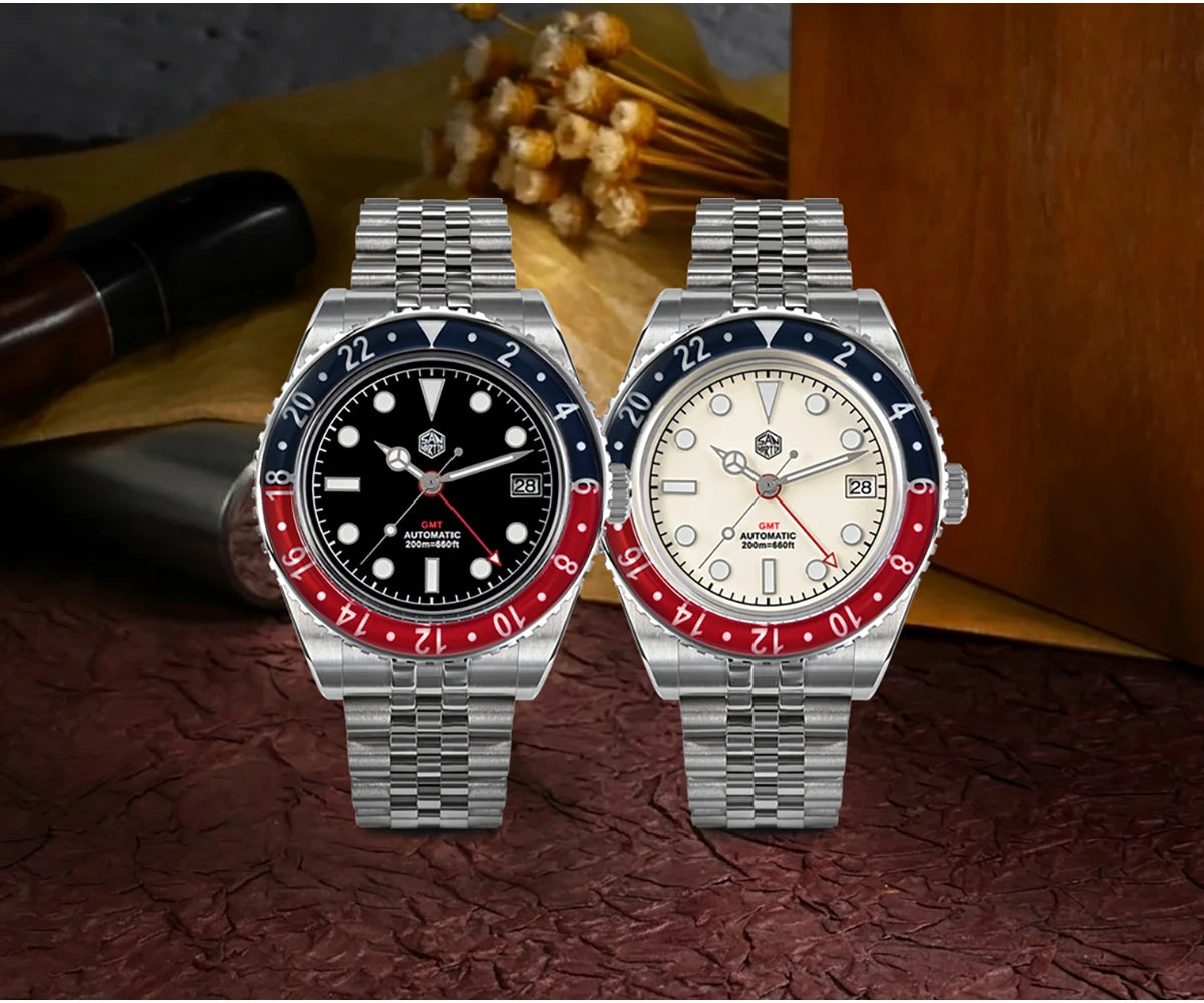 San Martin 40mm SN0005 Retro GMT NH34 Automatic Distressed Patina Dial Bi-color Sapphire Bezel Jubilee Mens Watches 20Bar Lume
