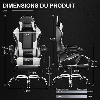 GTPLAYER Gaming Chair Ergonomic Massage Office Chair with Footrest, Headrest, Lumbar Support, Reclining Swivel Gamer Chair for Desk