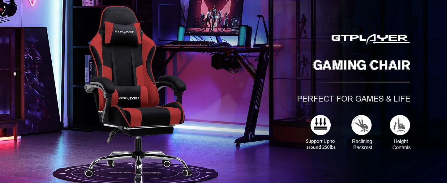 GTPLAYER Ergonomic Gaming Chair with Footrest & Lumbar Pillow, Fabric Office Chair with Headrest, Adjustable Swivel Computer Gaming Chair for Home & Office