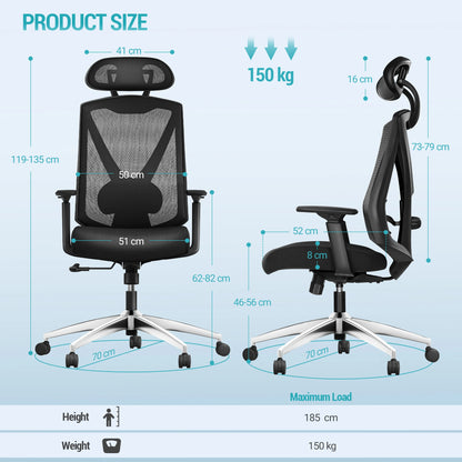 1 Black Ergonomic Office Chair,Computer Chair,Swivel Chair with Adjustable Lumbar Support,Headrest and Armrest,Height Adjustment