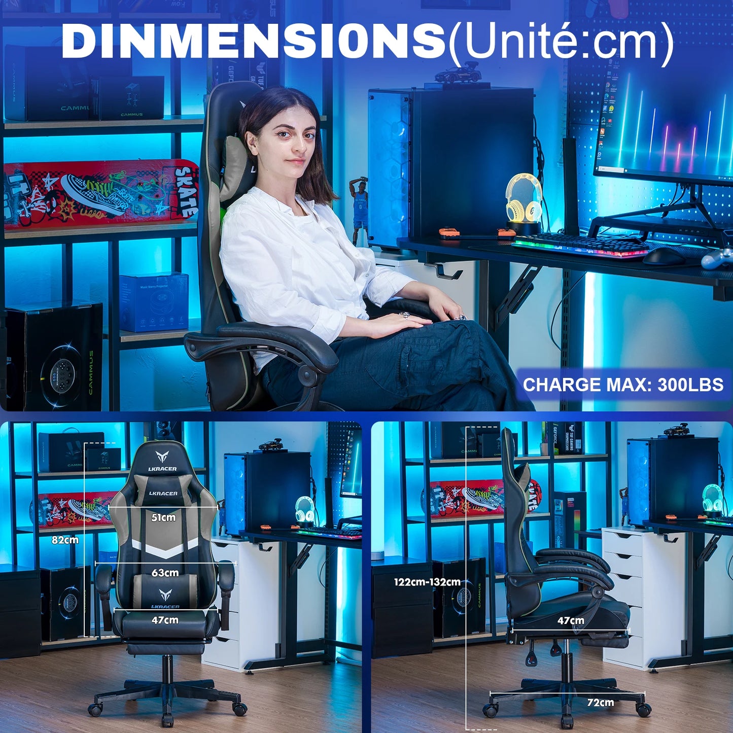 LUCK RACER Gaming Chair with Footrest Office Chair Ergonomic with Adjustable Lumbar Pillows, Pillow Gaming Chair
