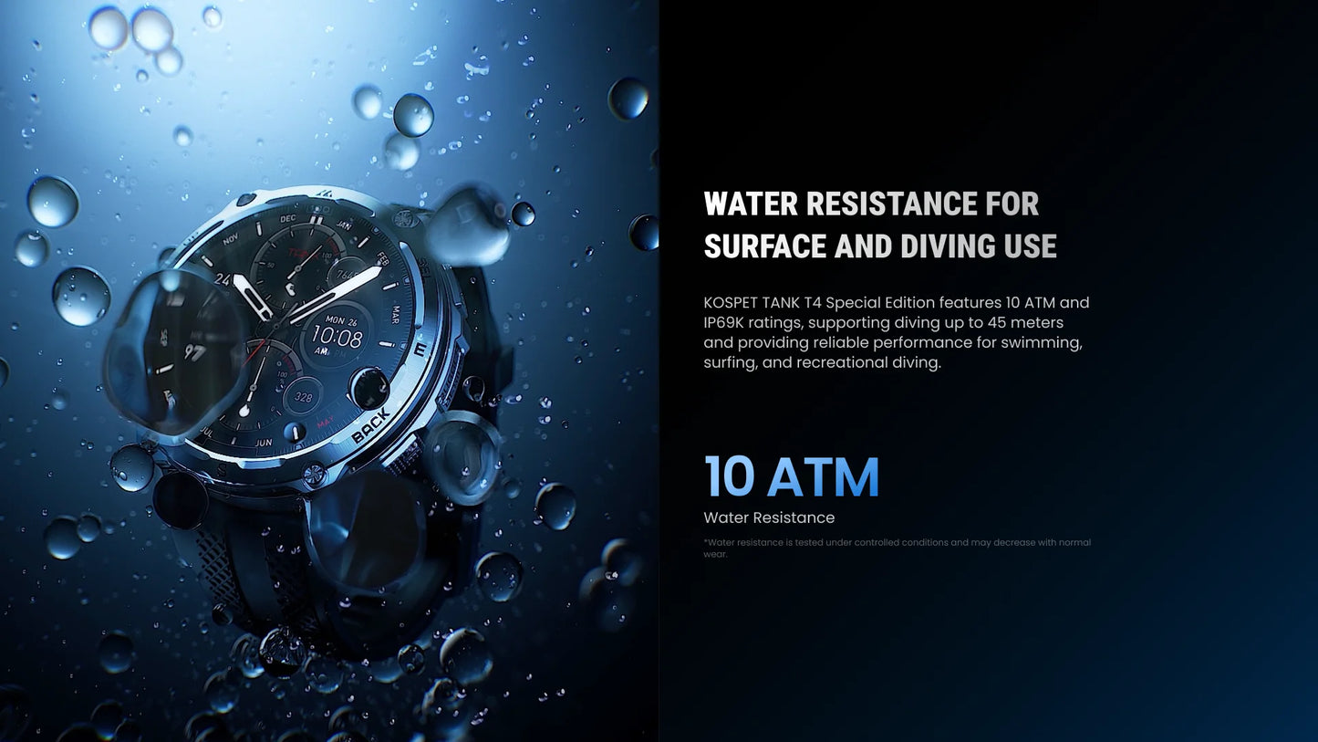 KOSPET Tank T4 SE Men's Rugged Smart Watch Military Grade Full Stainless Steel GPS 100M Waterproof 45M Freediving Health Monitor