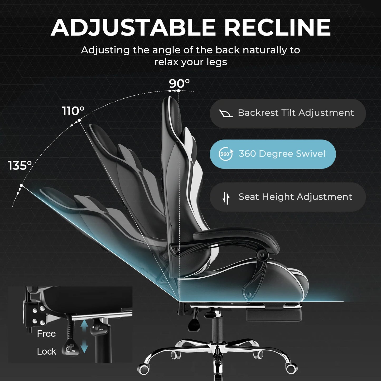 GTPLAYER Gaming Chair Ergonomic Massage Office Chair with Footrest, Headrest, Lumbar Support, Reclining Swivel Gamer Chair for Desk