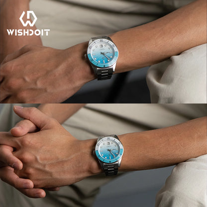 WISHDOIT Automatische Taucheruhr für Herren mit ozeanblauem und weißem Wellenschliff-Zifferblatt, 8215-Uhrwerk und Saphirglasablytyped
