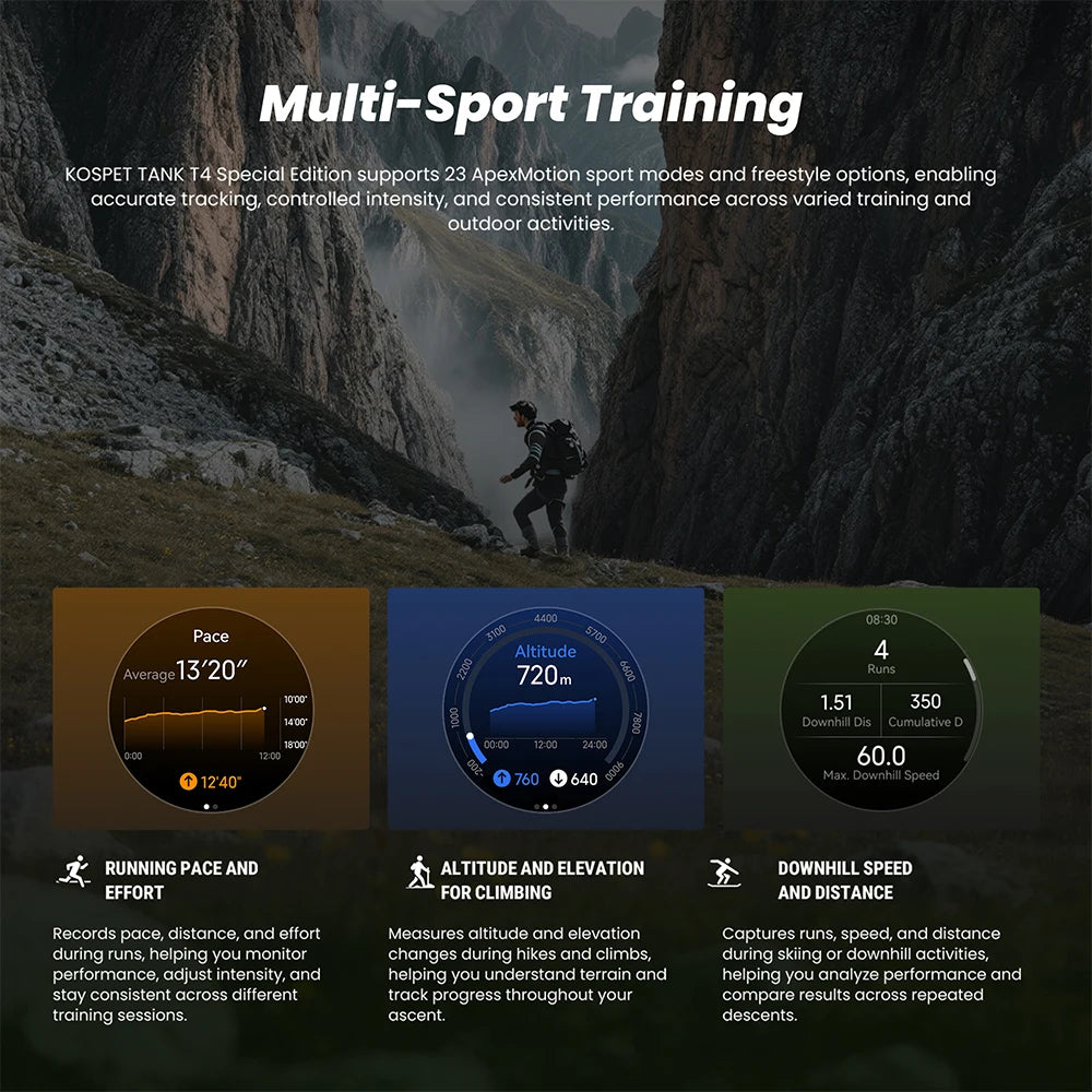 KOSPET Tank T4 SE Men's Rugged Smart Watch Military Grade Full Stainless Steel GPS 100M Waterproof 45M Freediving Health Monitor