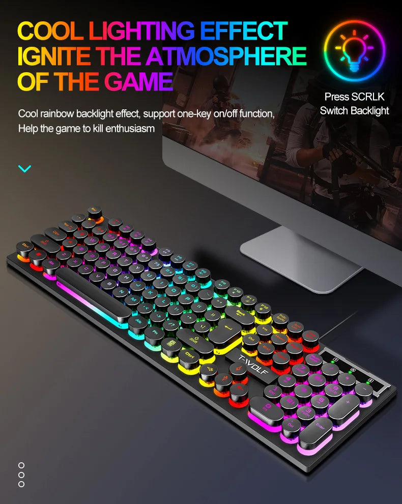 Russian Keyboard with Russian English Letter 100% Keyboard Mouse Kit Translucent Keycaps Backlight Punk Round Keycap Wired TF270
