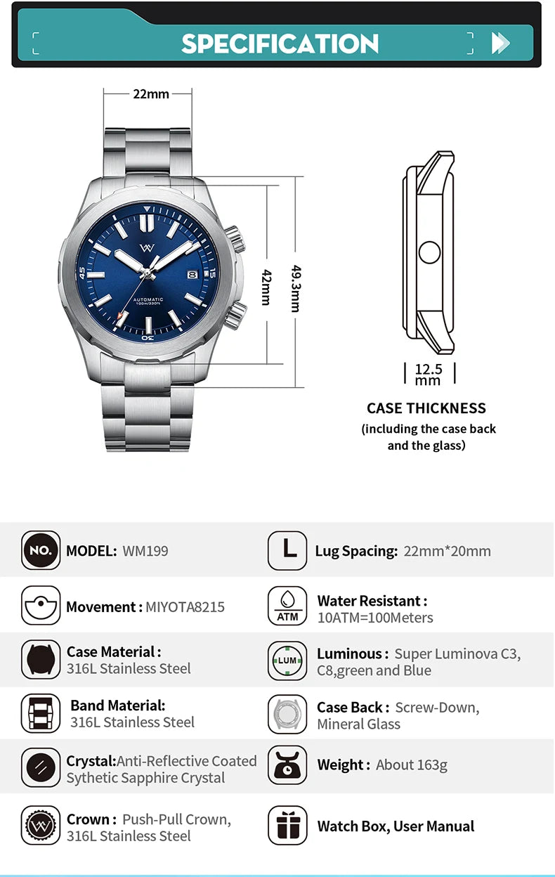 WM Watch Men Automatic Mechanical Watch Miyota8215 Sapphire AR Coated 100M Waterproof Man Business Welly Merck Watches 199M-WM