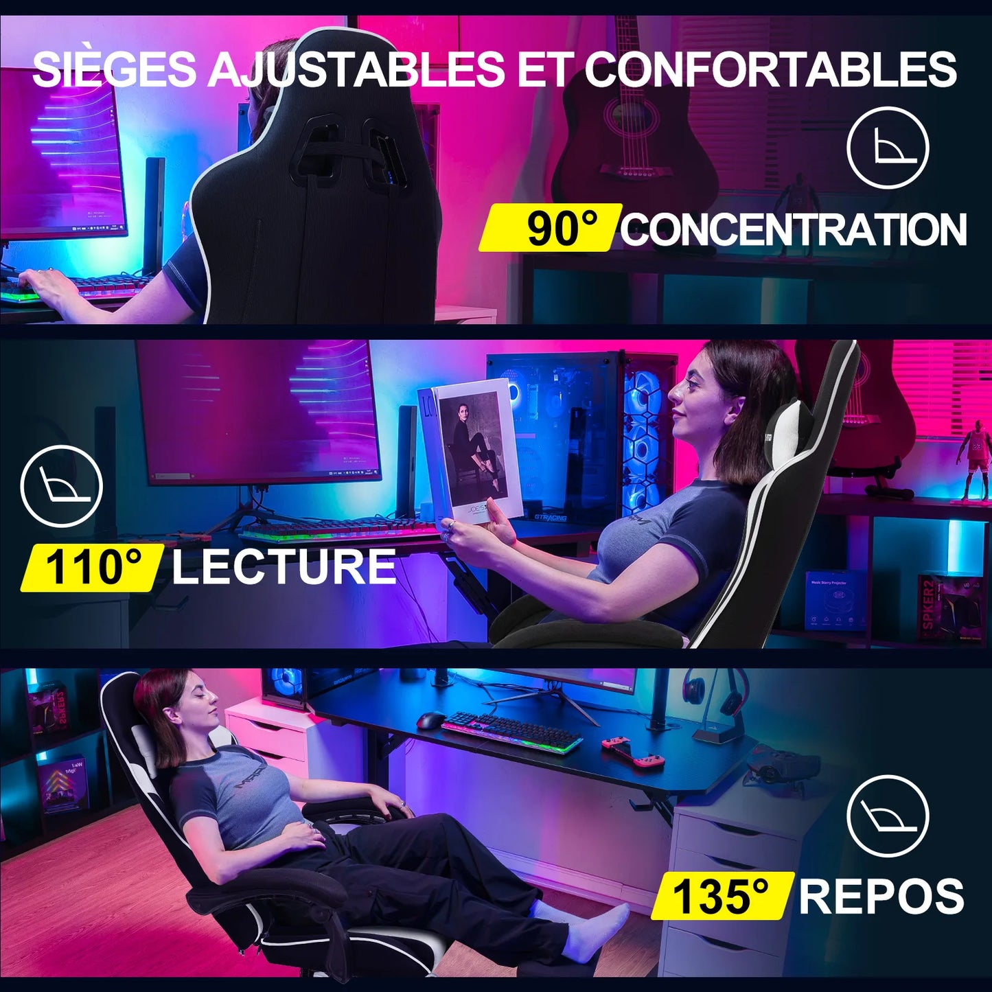 GTPLAYER Ergonomic Gaming Chair with Footrest & Lumbar Pillow, Fabric Office Chair with Headrest, Adjustable Swivel Computer Gaming Chair for Home & Office