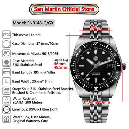 San Martin 37.5mm 40mm Classic Simple Dial Men Diver Watch Miyota 9015 Luxury Automatic Mechanical Watch Waterproof 200m SN0148