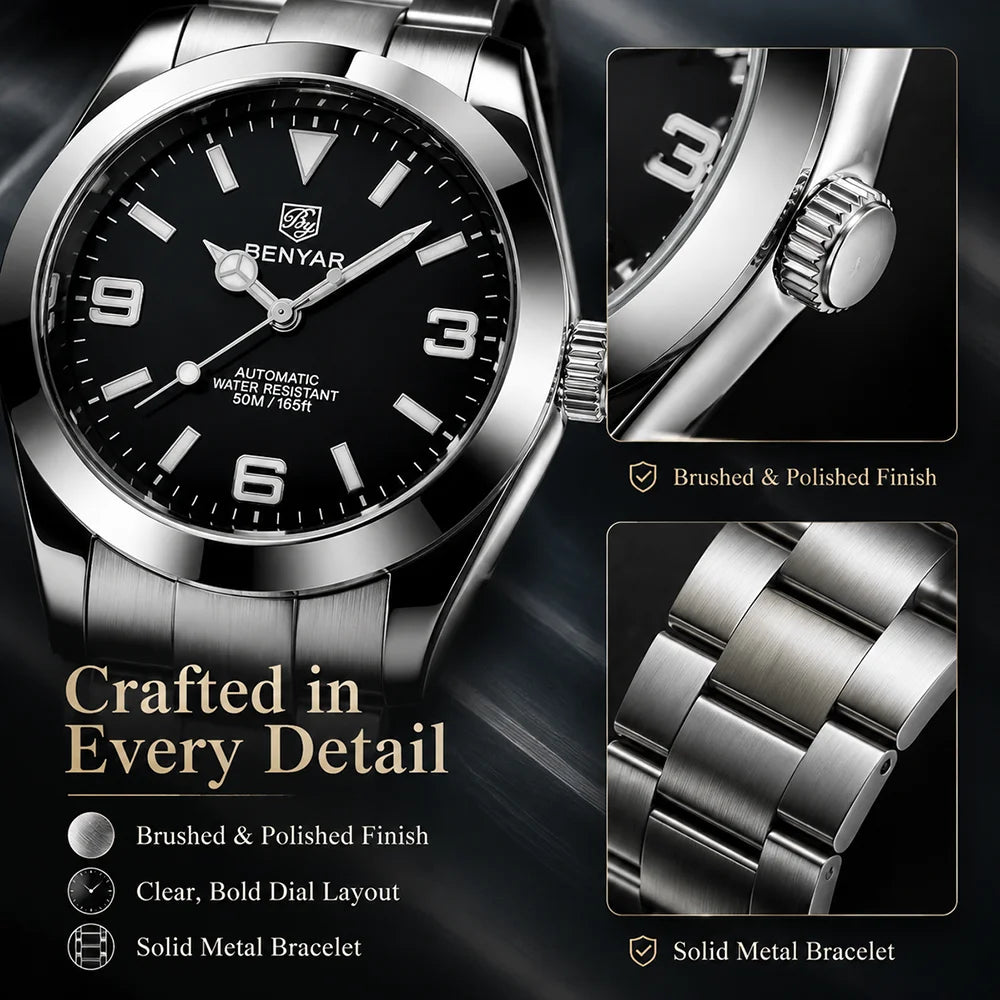 BENYAR Luxury Men Mechanical Wristwatches Stainless Steel Sports Men Automatic Watches 50ATM waterproof Clock