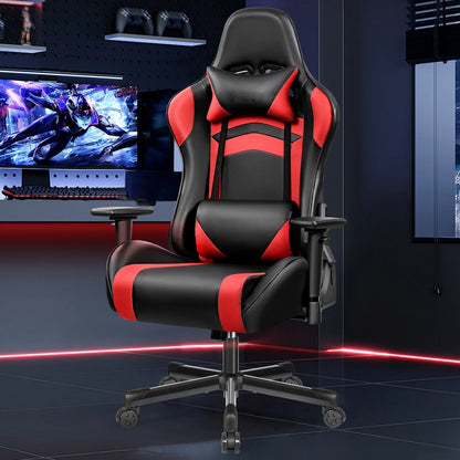 Gaming chair, PU leather adjustable in multiple directions, with lumbar support and headrest, ergonomic, black and red