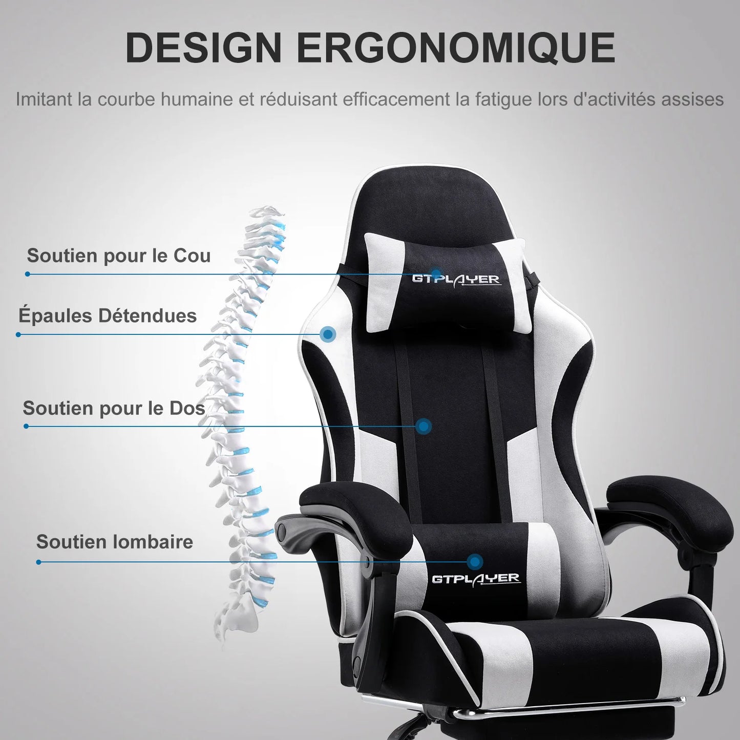 GTPLAYER Ergonomic Gaming Chair with Footrest & Lumbar Pillow, Fabric Office Chair with Headrest, Adjustable Swivel Computer Gaming Chair for Home & Office