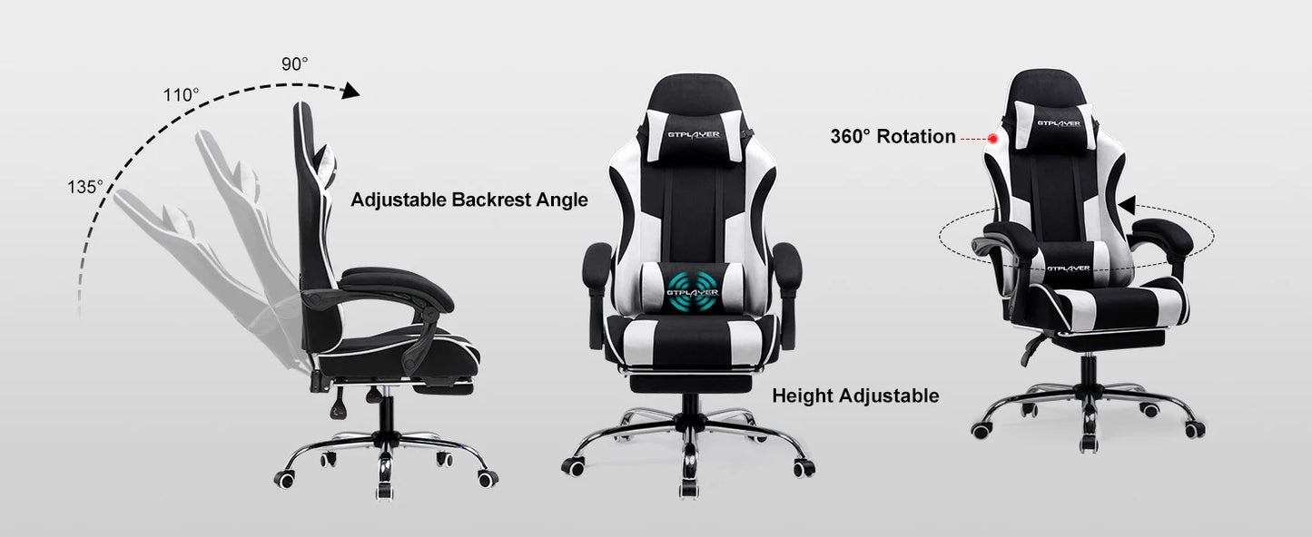 GTPLAYER Ergonomic Gaming Chair with Footrest & Lumbar Pillow, Fabric Office Chair with Headrest, Adjustable Swivel Computer Gaming Chair for Home & Office