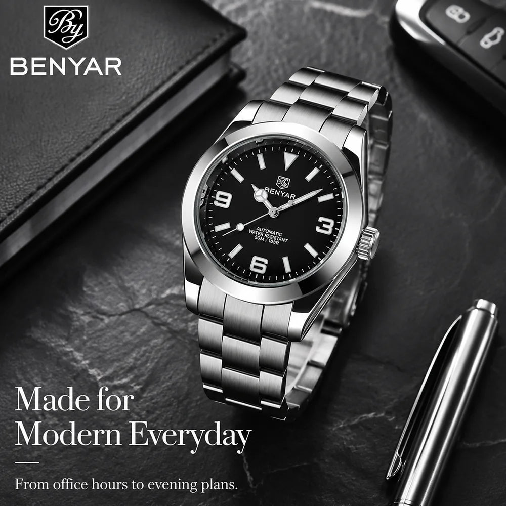 BENYAR Luxury Men Mechanical Wristwatches Stainless Steel Sports Men Automatic Watches 50ATM waterproof Clock